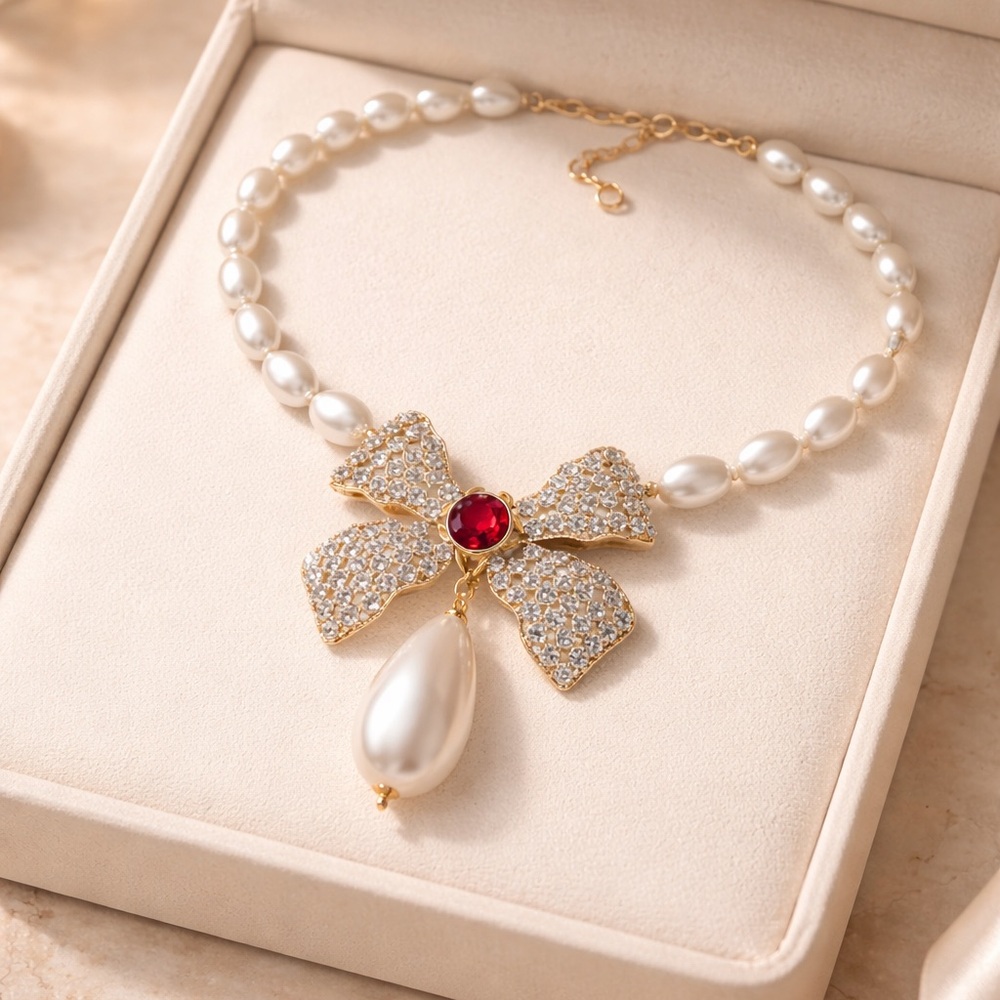 Elegant Pearl and Gold Bow Necklace